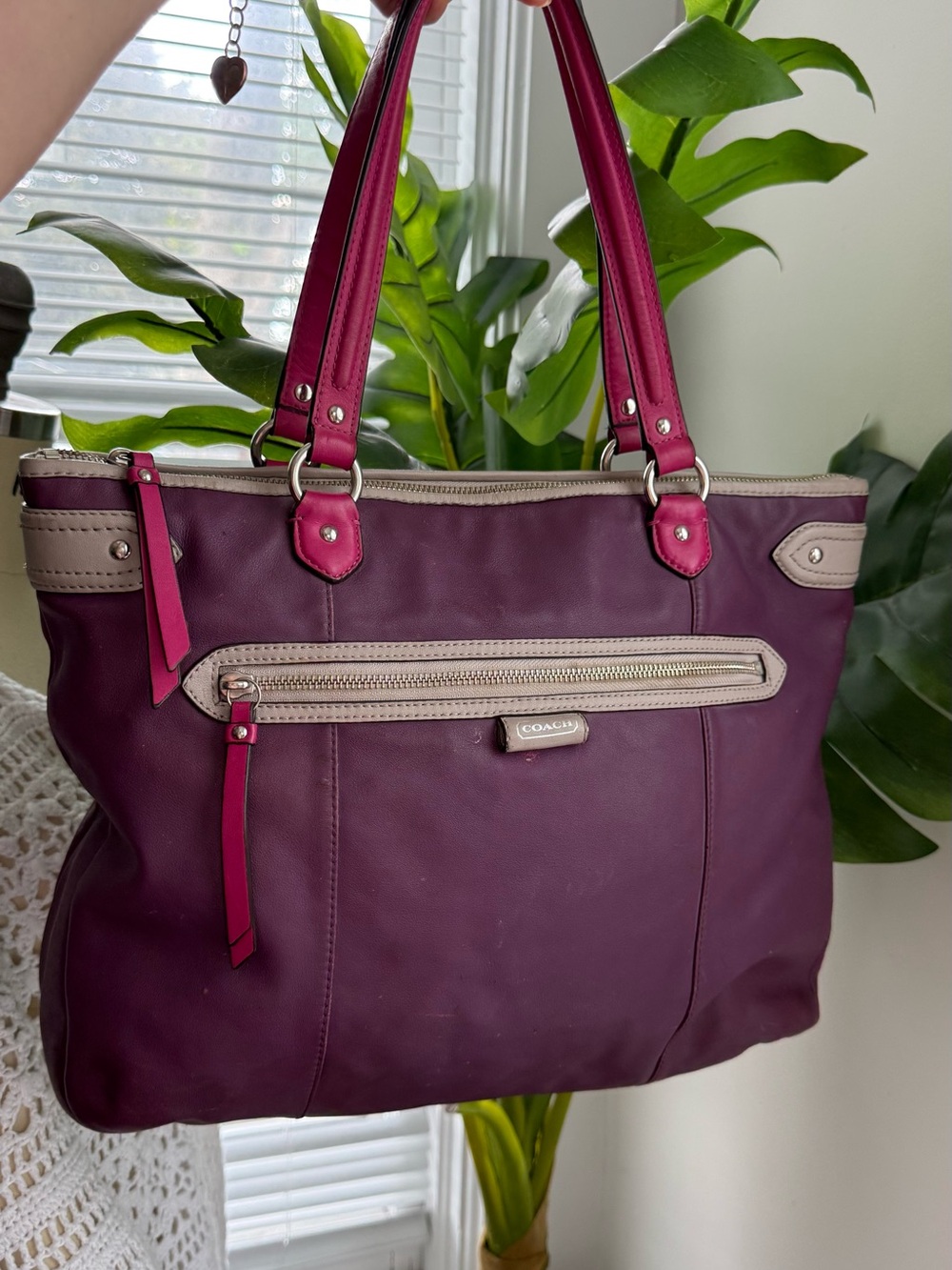Coach Plum Tote with Pink Handles and Cream Trim